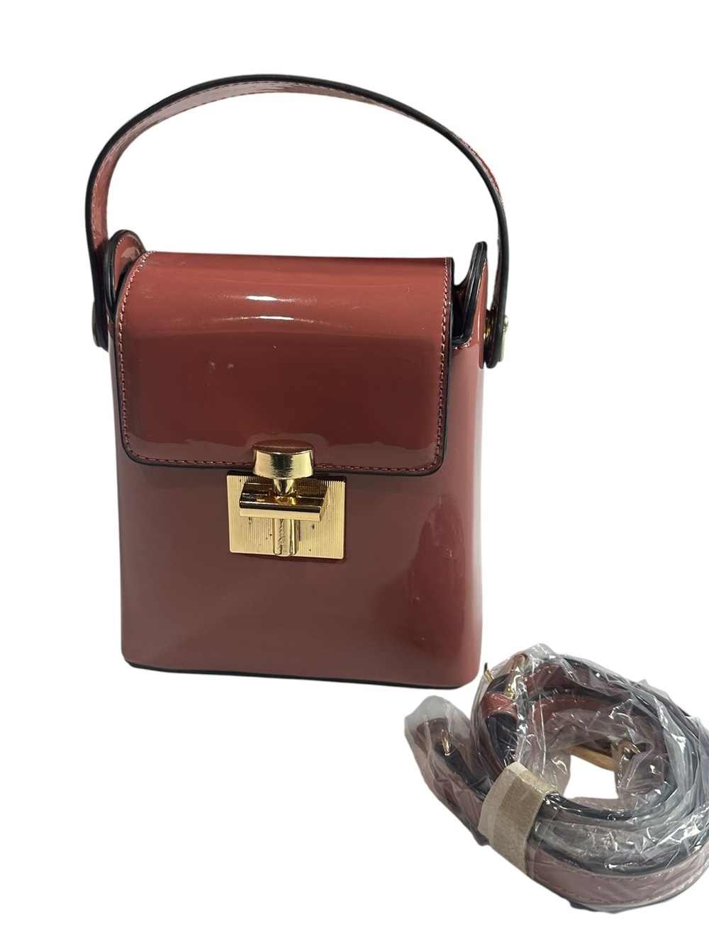 Structured Glossy Dusty Rose Top Handle Crossbody Mini Bag Purse Strap Included